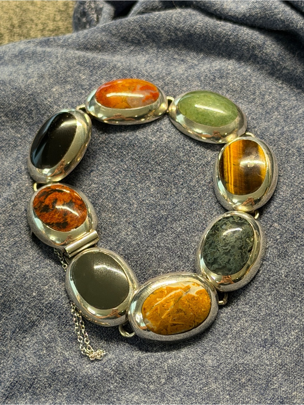 Vintage 1950s Taxco Mexico 925 Sterling Silver Multi Gemstone Link Bracelet - Picture 12 of 15